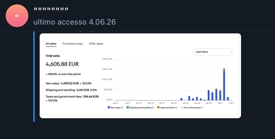 Grafico vendite eBay: 4.605 € con crescita del 100%